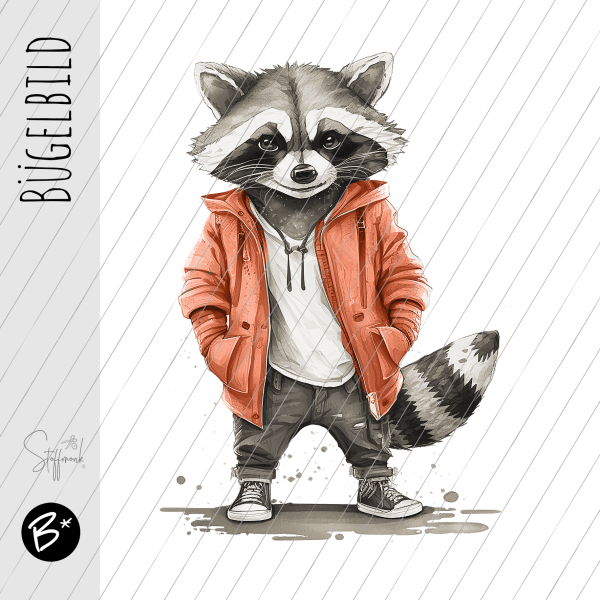 Bügelbild - " Racoon - Koralle " - Maße nach Auswahl
